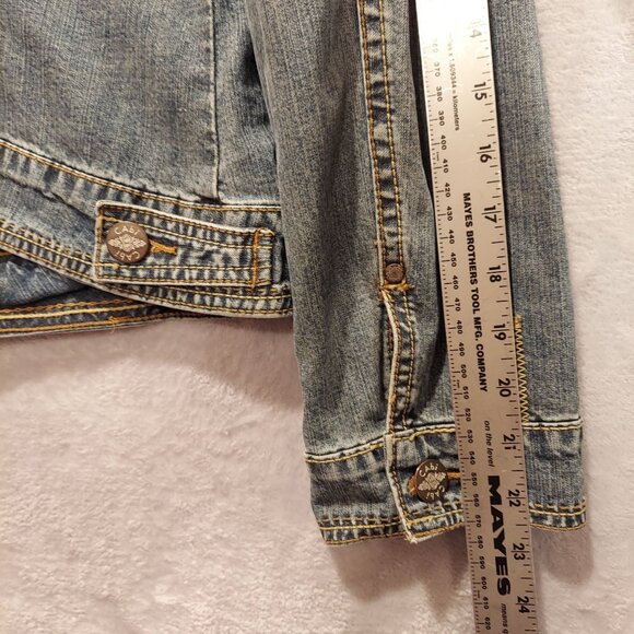 Cabi Jean jacket womens M Blue Denim Logo cropped Long sleeves waist tabs beachy - Picture 5 of 13